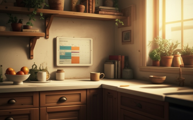 HomeCalendar displayed on a tablet in a modern kitchen, showing the family's unified schedule