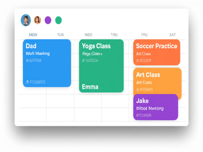 Color-coded calendar showing each family member
