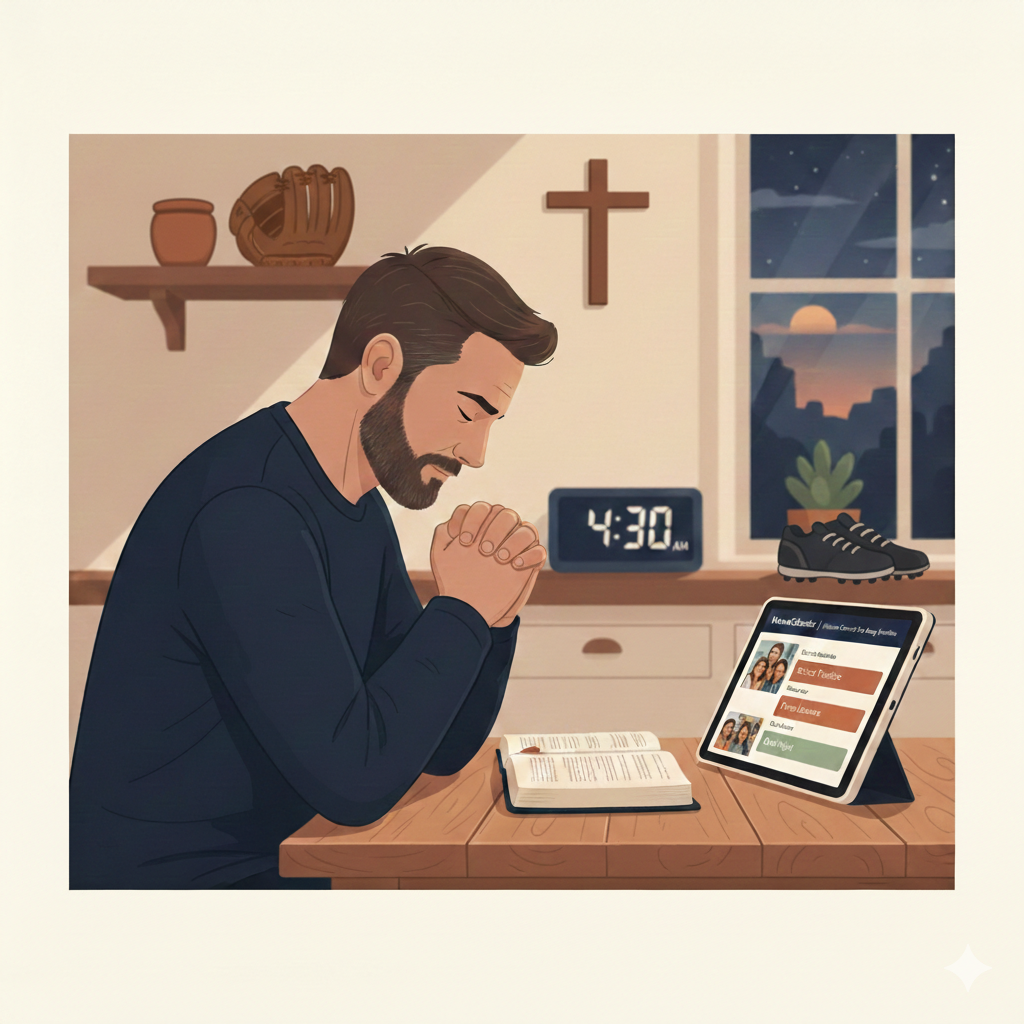 Early morning scene with an open Bible and coffee at 4:30 AM, warm light breaking through a window, with a family calendar visible in the background featuring navy, cream, terracotta, and sage tones