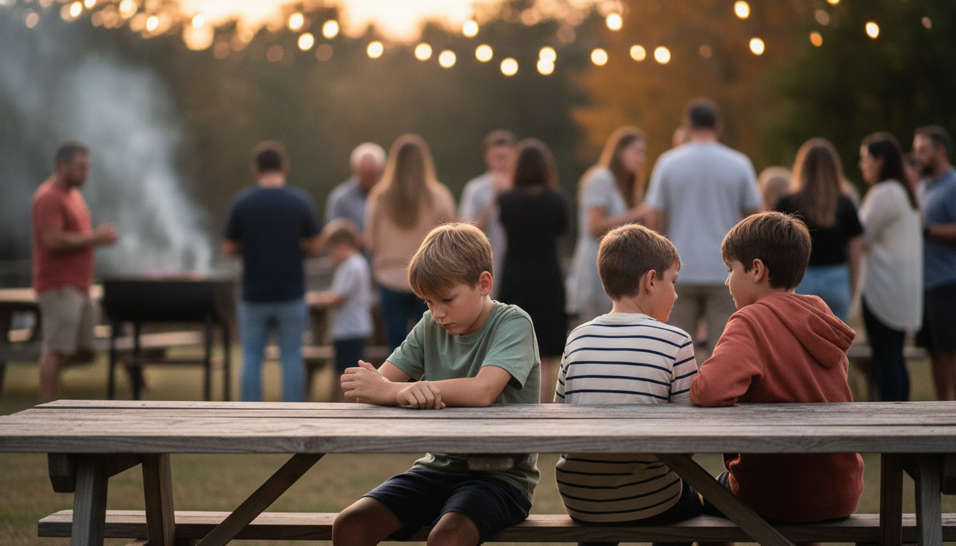 A boy sits alone at the end of a picnic table at an evening family gathering, looking down at his hands, while two friends beside him talk to each other and families gather under string lights behind them.