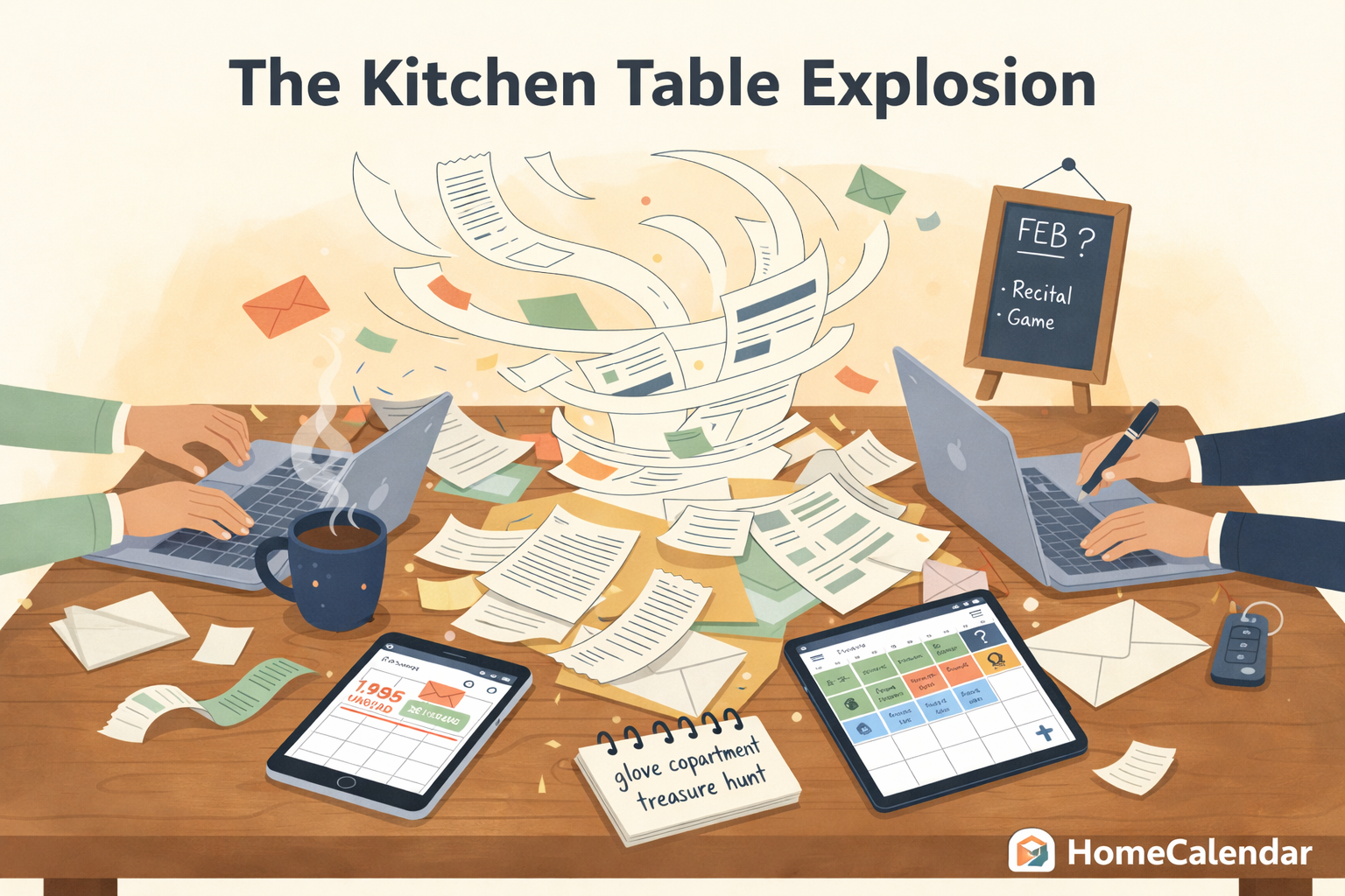 A kitchen table overflowing with tax documents, envelopes, and receipts in a warm illustrated scene with navy and cream tones, a family calendar visible in the background