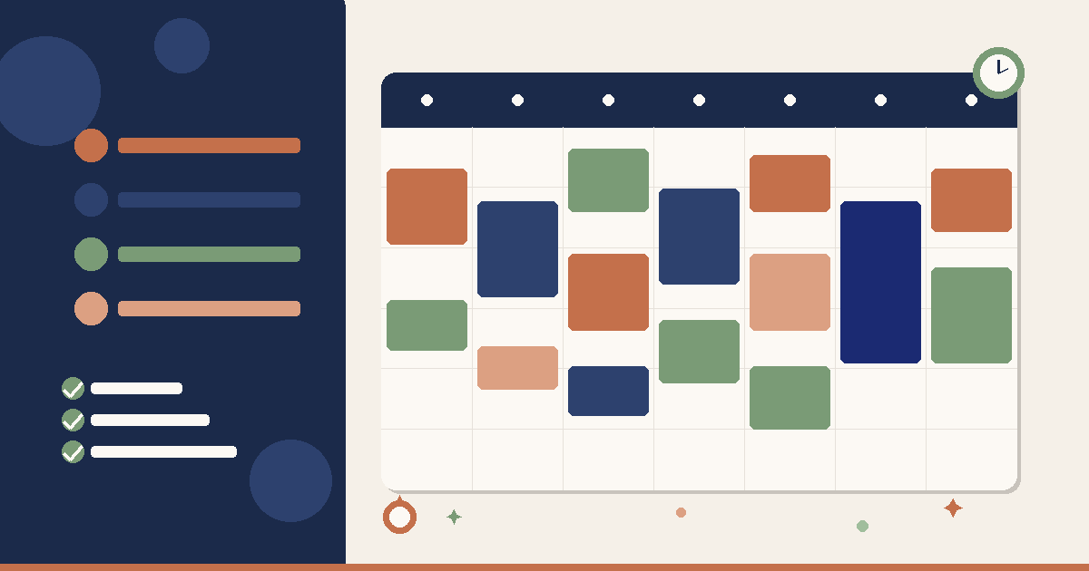Weekly calendar view filled with color-coded family events alongside a sidebar showing family member legend and completed checklist items