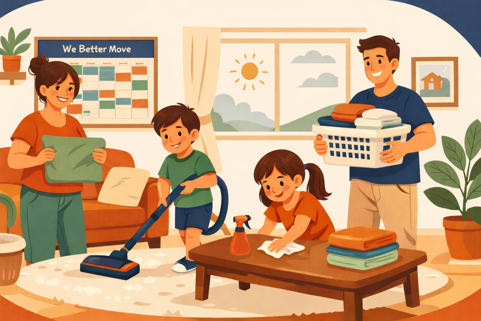 Warm illustrated scene of a family working together to clean their living room, with a calendar on the wall, in terracotta, cream, and sage tones