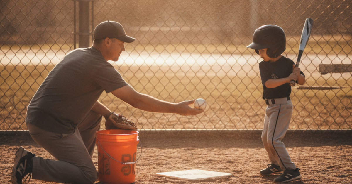 A father kneels beside a bucket of baseballs, soft-tossing to his young son, who stands beside home plate in a loaded batting stance inside a golden-hour batting cage.