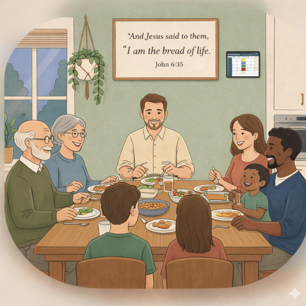 A warm, inviting kitchen table set for a family meal with soft lighting, representing togetherness and family connection