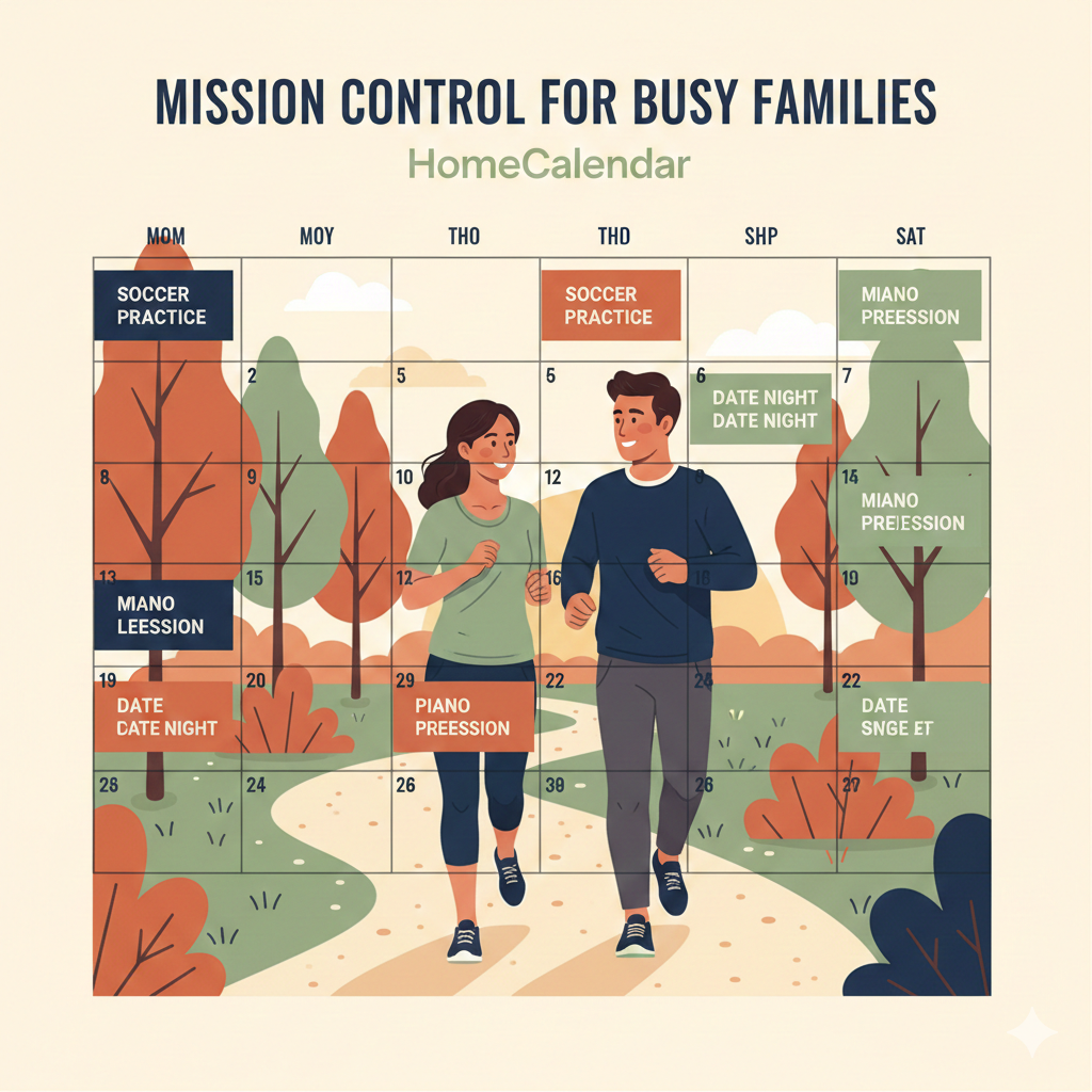 A family jogging together on a peaceful morning trail, warm sunrise light filtering through trees, evoking a sense of spiritual discipline and togetherness