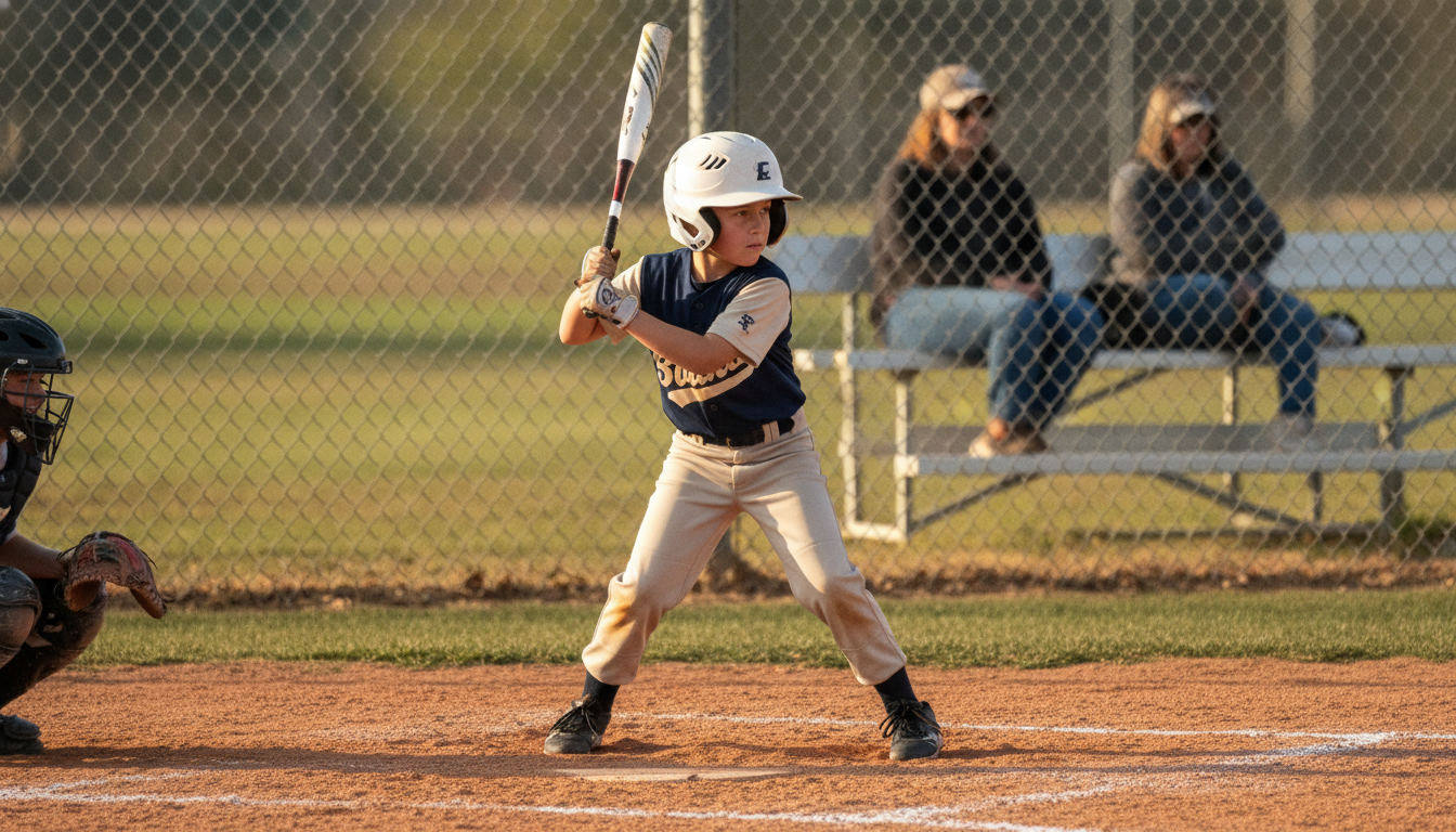 A young ballplayer in a batting helmet stands set in the batter's box during a fall scrimmage, eyes locked on the pitcher, in late-afternoon light.