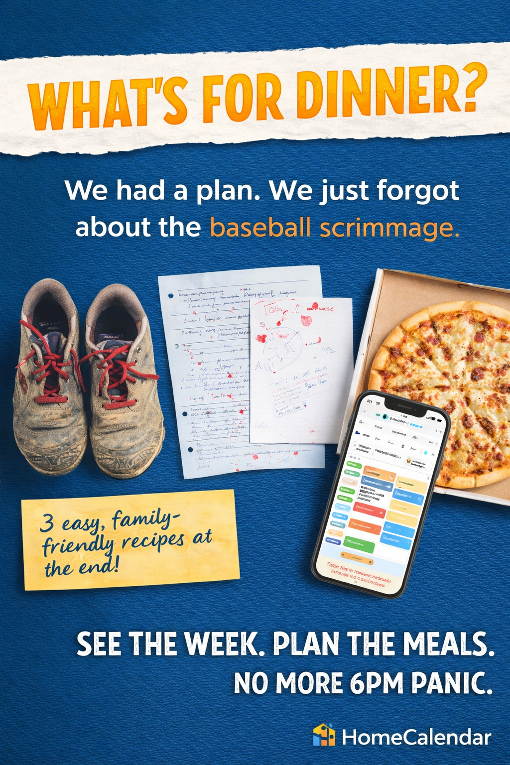 A family kitchen scene with a weekly meal plan on the counter beside fresh ingredients, warm lighting in navy, cream, and terracotta tones